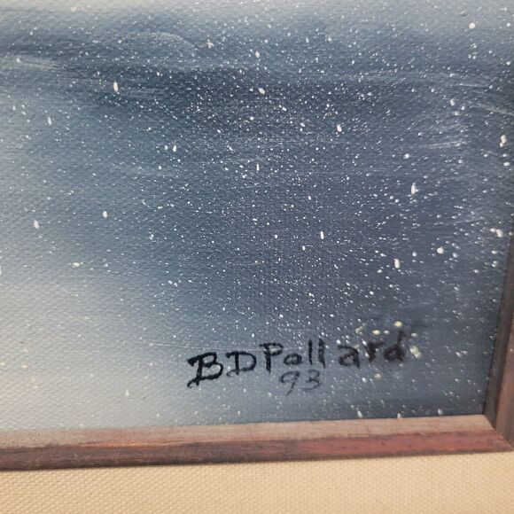 Vtg Oil Painting 25"x21" Canvas Snow Cabin stream Trees Water Sgn BD Pollard '93 - Picture 3 of 16